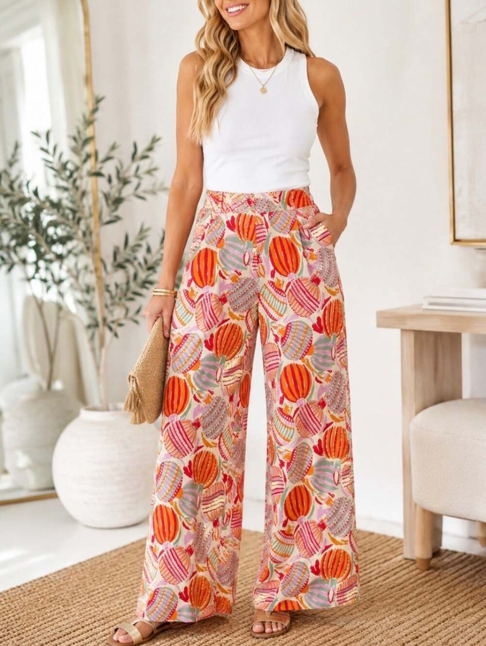 Prosperina Gold Label Pink Multi Ornament Print Wide Leg Pants